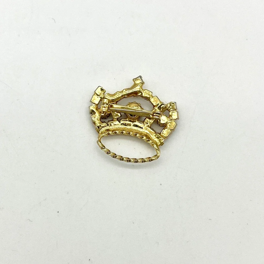 Crown Brooch Pin‎ Rhinestone Red White Gold Tone Vintage Jewelry